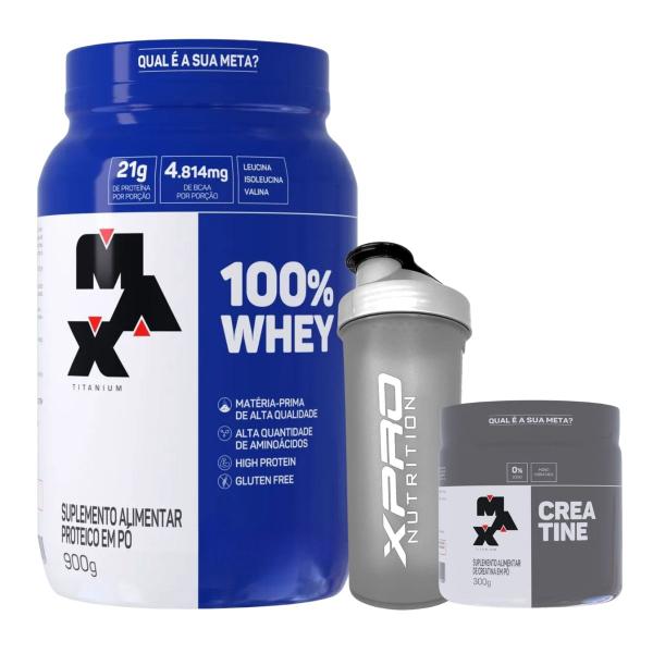 Imagem de Kit Max Whey 100% Baunilha + Creatina 300g + Coqueteleira X-pro - Max Titanium