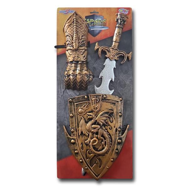 Kit Medieval Espada Escudo Manopla De Combate Infantil - Wellmix Imagem de Kit Medieval Espada Escudo Manopla De Combate Infantil