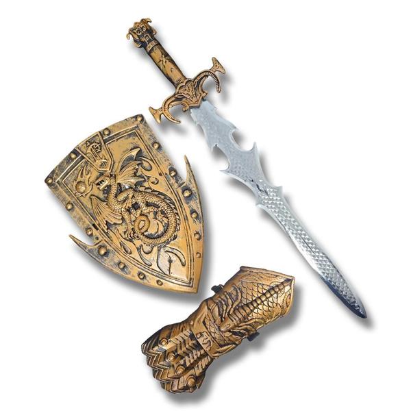 Kit Medieval Espada Escudo Manopla De Combate Infantil - Wellmix Imagem de Kit Medieval Espada Escudo Manopla De Combate Infantil