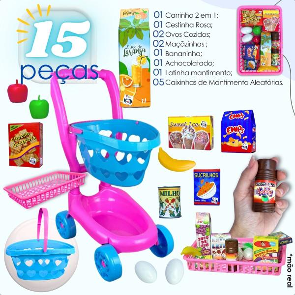 Imagem de Kit Mercadinho Infantil + Carrinho De Compra hortifruti 14 peças 