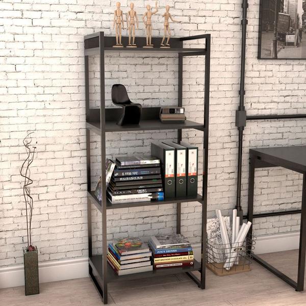 Imagem de Kit Mesa Cavalete 135 cm com Estante 4 Prateleiras Estilo Industrial Form C01 Preto Onix - Lyam Decor