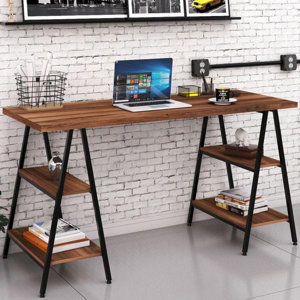 Imagem de Kit Mesa Cavalete 150 cm com Estante 5 Prateleiras Estilo Industrial Form C01 Nogal - Lyam Decor