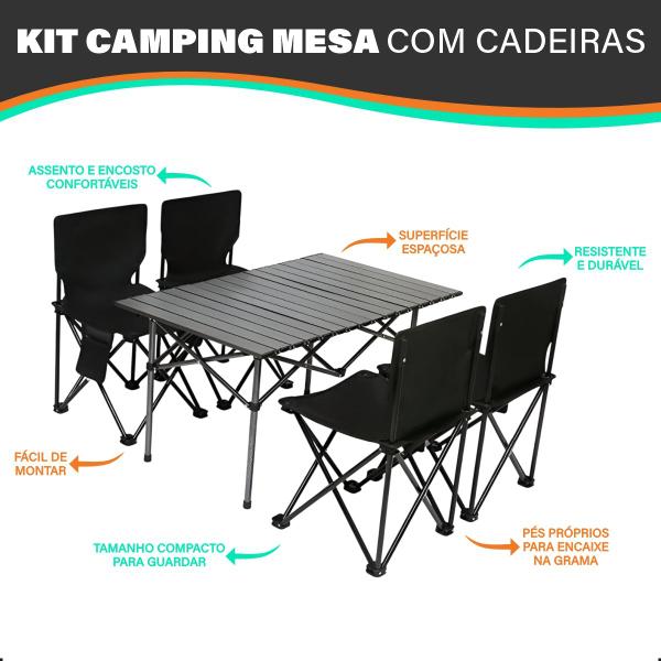 Imagem de Kit Mesa de Camping Dobrável Portátil e 4 Cadeiras com Bolso Versátil Compacto Acampamento Trilha Quintal Casa