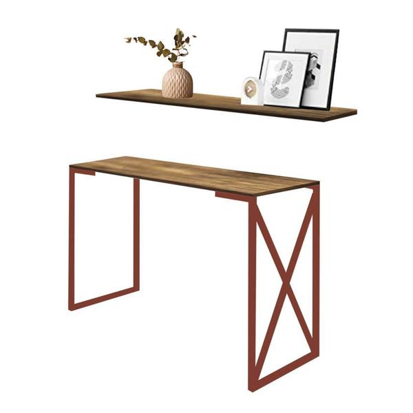 Imagem de Kit Mesa de Estudos com Prateleira Bex Office Industrial Ferro Bronze MDF Castanho - Ahazzo Móveis