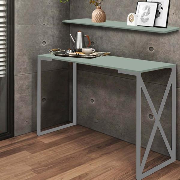 Imagem de Kit Mesa de Estudos com Prateleira Bex Office Industrial Ferro Cinza MDF Verde Oliva - Ahz Móveis