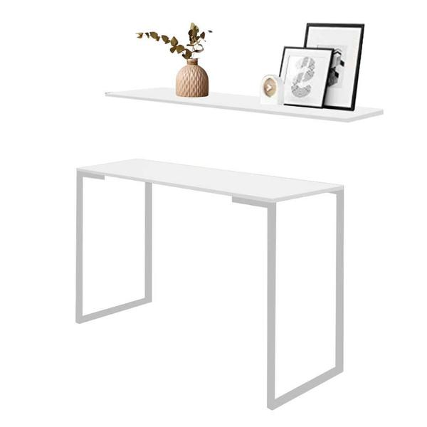 Imagem de Kit Mesa de Estudos com Prateleira Stan Office Industrial Ferro Branco MDF Branco - Ahazzo Móveis