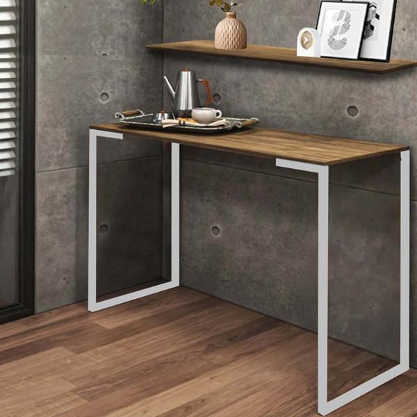 Imagem de Kit Mesa de Estudos com Prateleira Stan Office Industrial Ferro Branco MDF Caramelo - Ahazzo Móveis