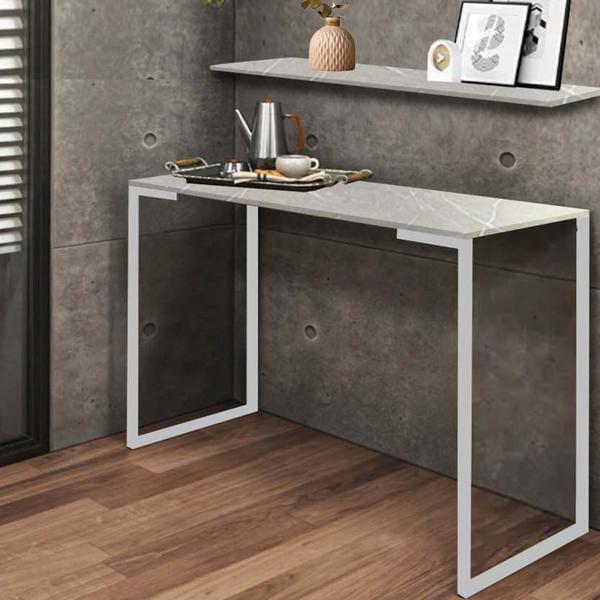 Imagem de Kit Mesa de Estudos com Prateleira Stan Office Industrial Ferro Branco MDF Marmorizado Cinza - Ahz Móveis