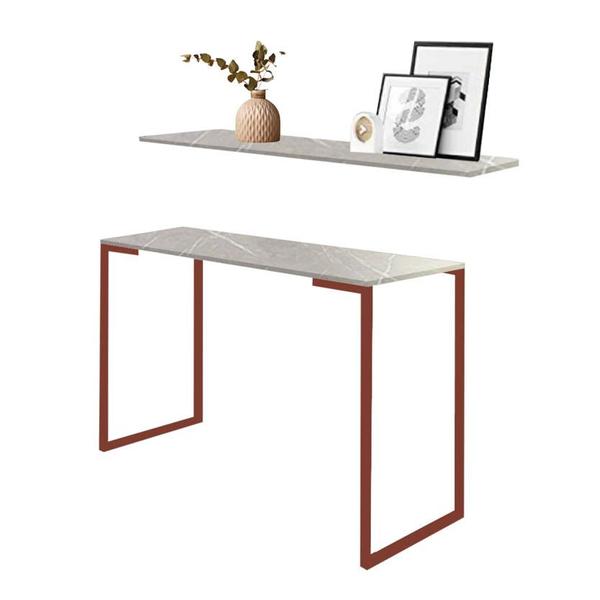 Imagem de Kit Mesa de Estudos com Prateleira Stan Office Industrial Ferro Rose Gold MDF Marmorizado Cinza - Ahz Móveis