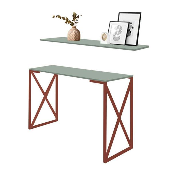 Imagem de Kit Mesa de Estudos com Prateleira Zurik Office Industrial Ferro Bronze MDF Verde Oliva - Ahz Móveis