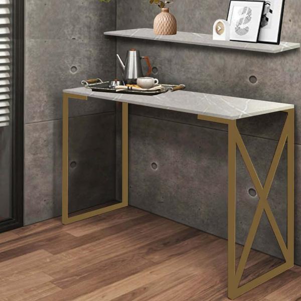 Imagem de Kit Mesa de Estudos com Prateleira Zurik Office Industrial Ferro Dourado MDF Marmorizado Cinza - Ahz Móveis