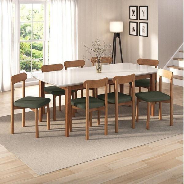 Imagem de Kit Mesa de Jantar Tangará 210cm e 8 Cadeiras Pitanga Cabecasa Madeiramadeira Caramelo/Offwhite/Verde