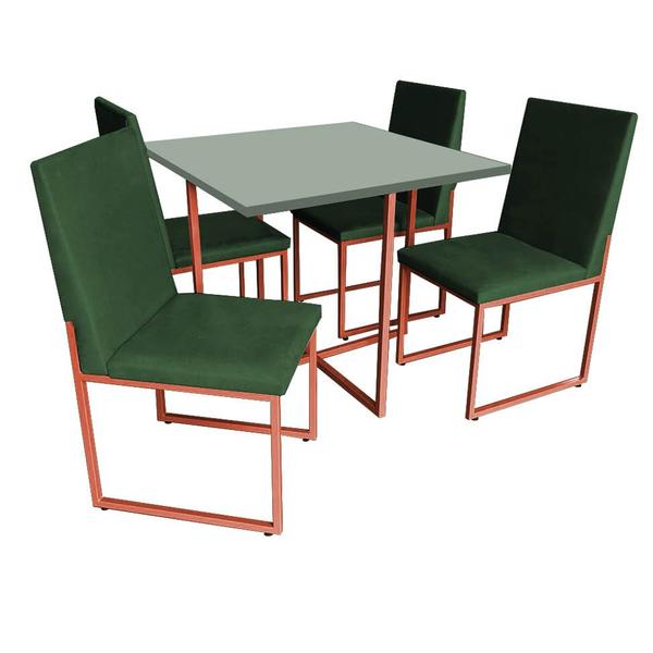 Imagem de Kit Mesa de Jantar Thales com 4 Cadeiras Sttan Ferro Bronze Tampo Verde Oliva Suede Verde Musgo - Ahz Móveis