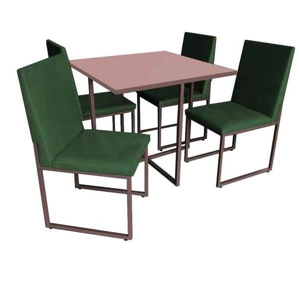 Imagem de Kit Mesa de Jantar Thales com 4 Cadeiras Sttan Ferro Marrom Tampo Rose Rosa Suede Verde Musgo - Ahz Móveis