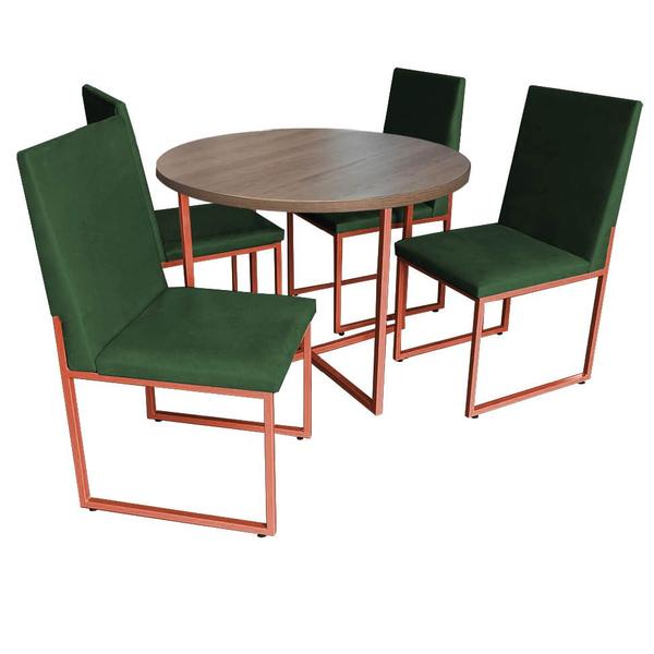 Imagem de Kit Mesa de Jantar Theo com 4 Cadeiras Sttan Ferro Bronze Tampo Imbuia Suede Verde Musgo - Ahz Móveis