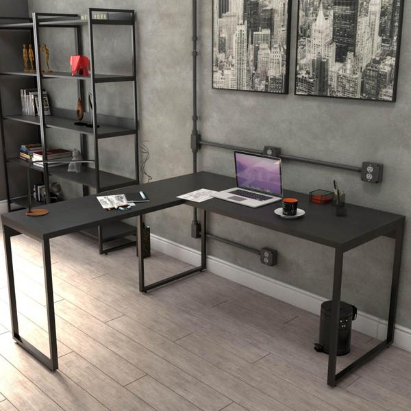 Imagem de Kit Mesa Escritório Industrial L com Estante 5 Prateleiras Form C01 150x150 Preto Onix - Lyam Decor