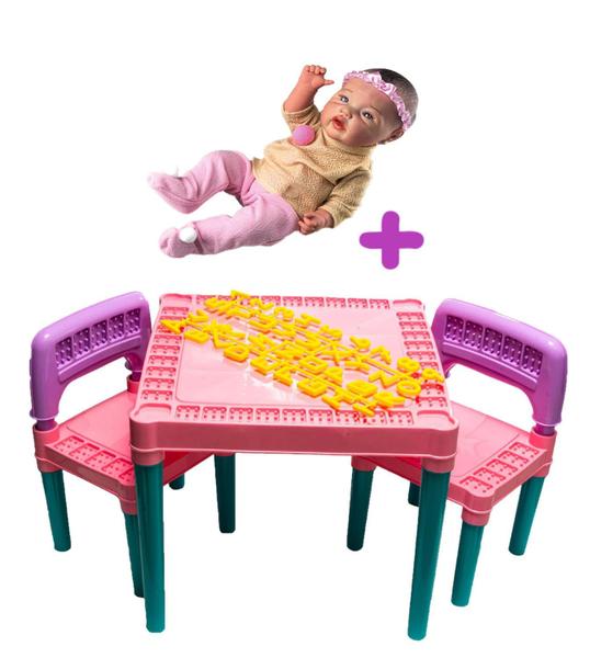 Imagem de Kit Mesa Infantil 2 Cadeira C/ Baby Reborn Menina 100% Vinil