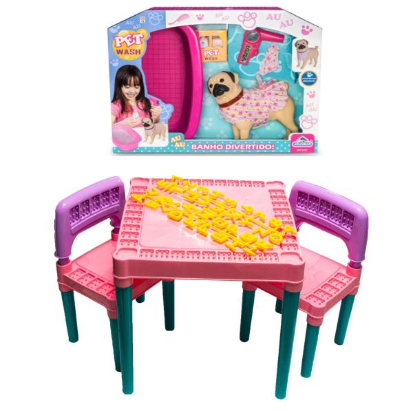 Imagem de Kit Mesa Infantil 2 Cadeiras Com Pet Shop Cachorro Brinquedo