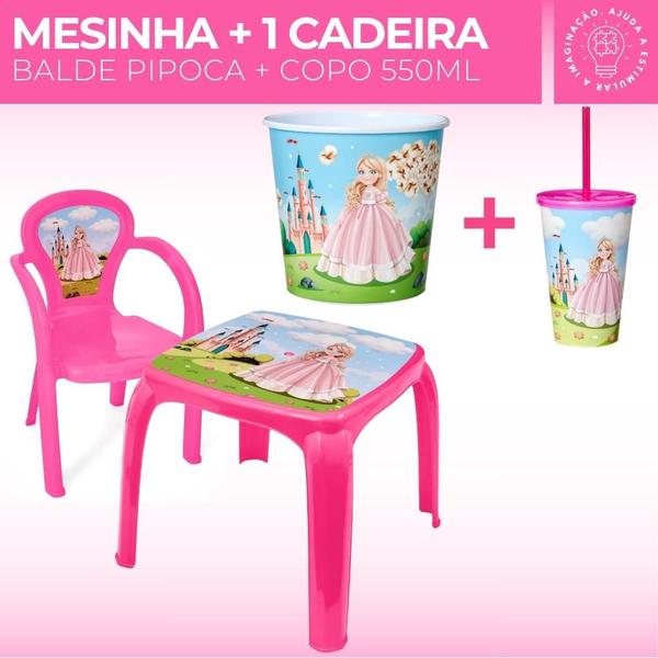 Imagem de Kit Mesa Mesinha 1 Cadeira Infantil Balde Pipoca e Copo 550ml Lanchar