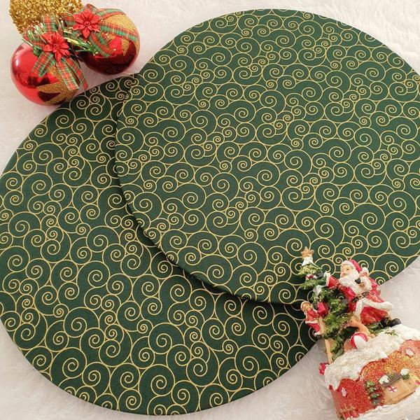 Imagem de Kit Mesa Posta 04 Bases MDF 35CM + 04 Capas de Sousplat Em Tecido Natal Caracol Verde Tricoline 100% Algodão