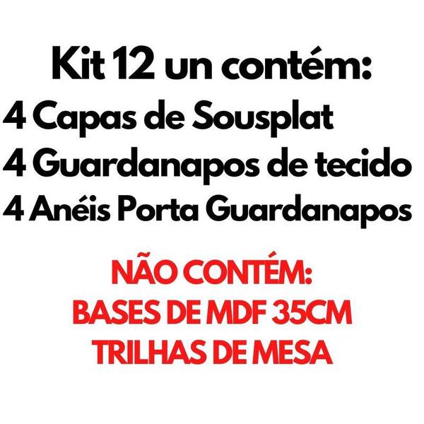 Imagem de Kit Mesa Posta 04 Capas de Sousplat 04 Guardanapos de tecido 40x40cm 04 Anéis Argola Porta Guardanapo