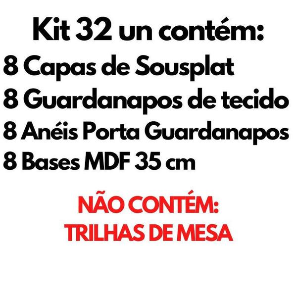 Imagem de Kit Mesa Posta 08 Bases MDF 35cm 08 Capas de Sousplat 08 Guardanapos de tecido 40x40cm 08 Anéis Porta Guardanapo