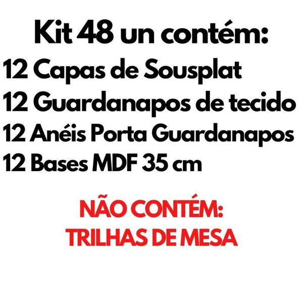 Imagem de Kit Mesa Posta 12 Bases MDF 35cm 12 Capas de Sousplat 12 Guardanapos de tecido 40x40cm 12 Anéis Porta Guardanapo