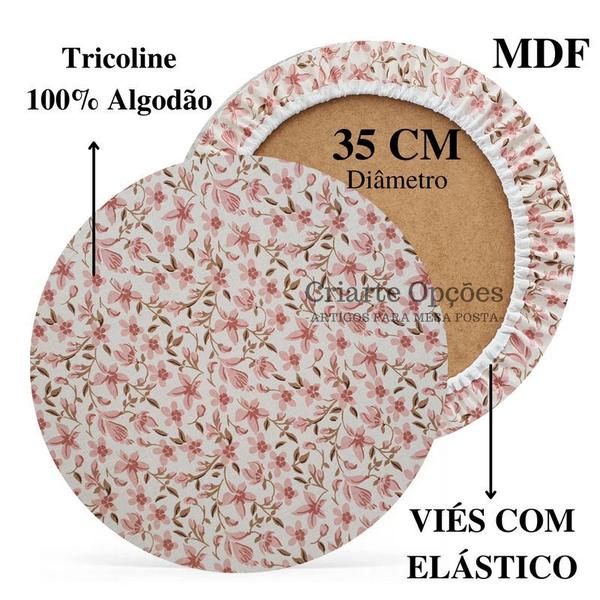 Imagem de Kit Mesa Posta 12 Bases MDF 35CM + 12 Capas de Sousplat Em Tecido Floral Rose Nude Tricoline 100% Algodão