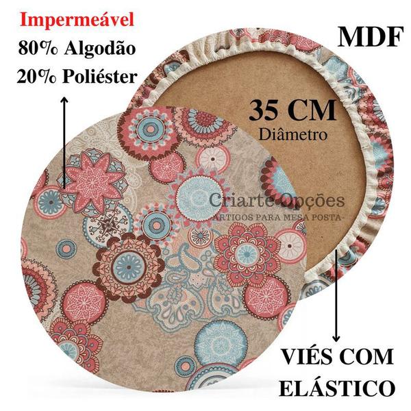 Imagem de Kit Mesa Posta 12 Bases MDF 35CM + 12 Capas de Sousplat Em Tecido Impermeável Mandala Nude