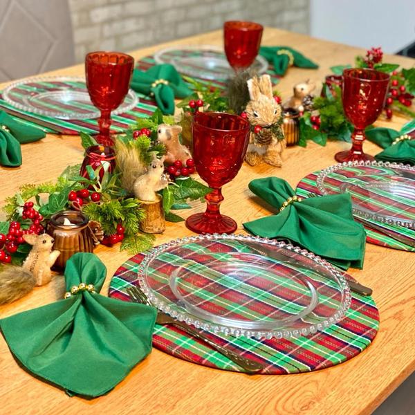 Kit Mesa Posta Completo Sousplat Jantar de Natal Natalino Verde Vermelho - MUMUDECOR Imagem de Kit Mesa Posta Completo Sousplat Jantar de Natal Natalino Verde Vermelho