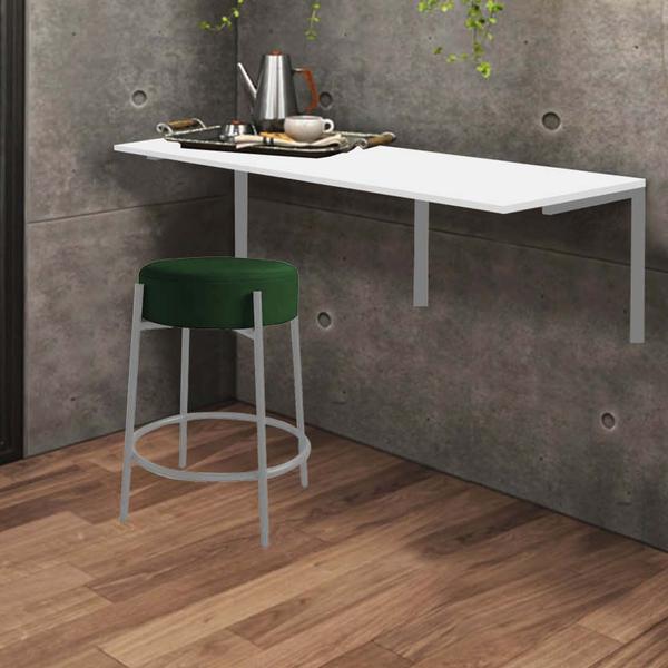 Imagem de Kit Mesa Suspensa de Parede Fixa MDF Branco + 1 Banqueta Sintra Ferro Prata Suede Verde - Ahazzo Móveis