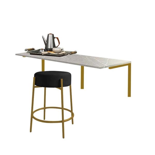 Imagem de Kit Mesa Suspensa de Parede Fixa MDF Marmorizado + 1 Banqueta Sintra Ferro Dourado Suede Preto - Ahazzo Móveis