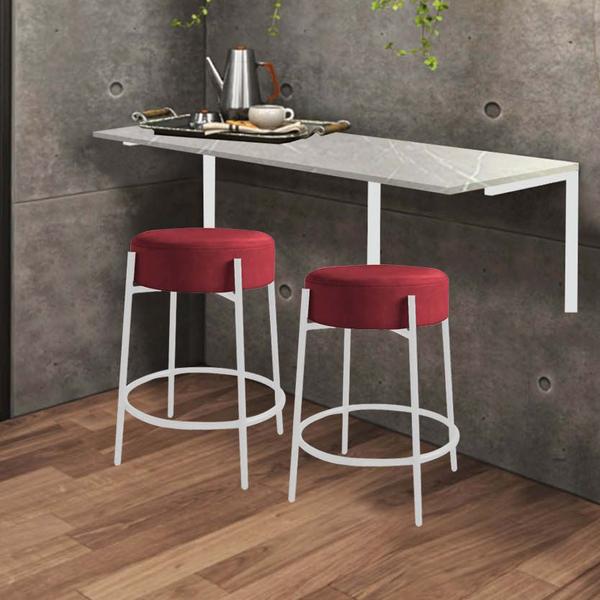 Imagem de Kit Mesa Suspensa de Parede Fixa MDF Marmorizado + 2 Banquetas Sintra Ferro Branco material sintético Vermelho - Ahazzo Móveis