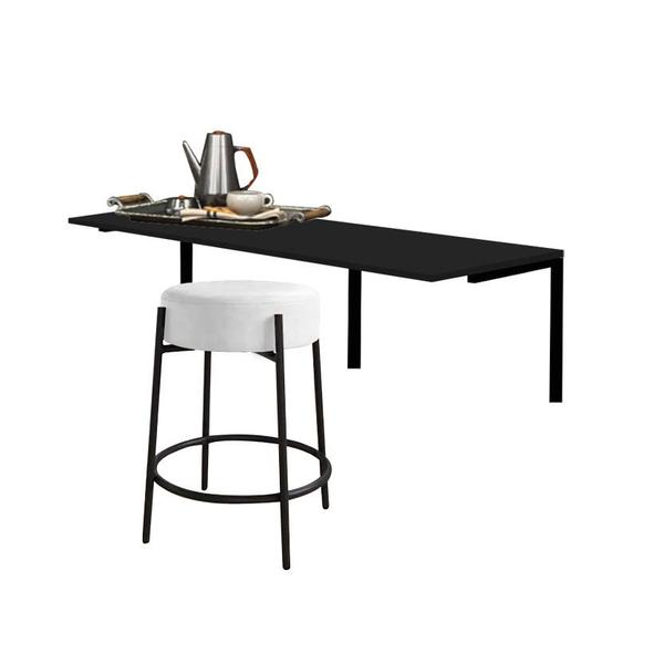 Imagem de Kit Mesa Suspensa de Parede Fixa MDF Preto + 1 Banqueta Sintra Ferro Preto Suede Branco - Ahazzo Móveis