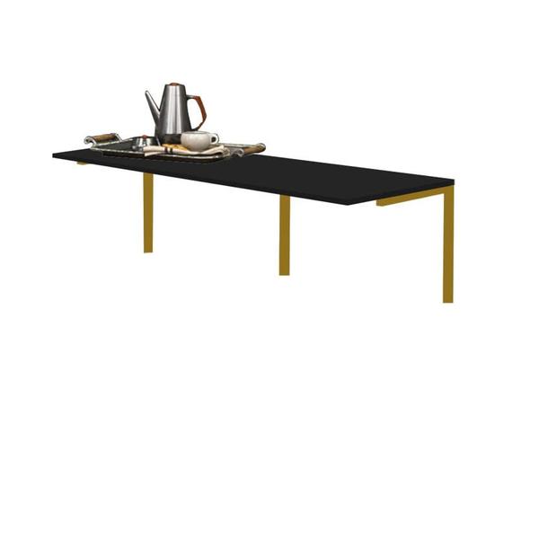 Imagem de Kit Mesa Suspensa de Parede Fixa MDF Preto + 2 Banquetas Sintra Ferro Dourado Sintético Azul Marinho - Ahazzo Móveis