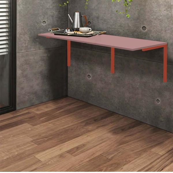 Imagem de Kit Mesa Suspensa de Parede Fixa MDF Rosa + 2 Banquetas Sintra Ferro Bronze Suede Vermelho - Ahazzo Móveis