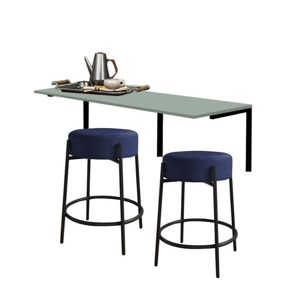 Imagem de Kit Mesa Suspensa de Parede Fixa MDF Verde Oliva + 2 Banquetas Sintra Ferro Preto Suede Azul Marinho - Ahazzo Móveis