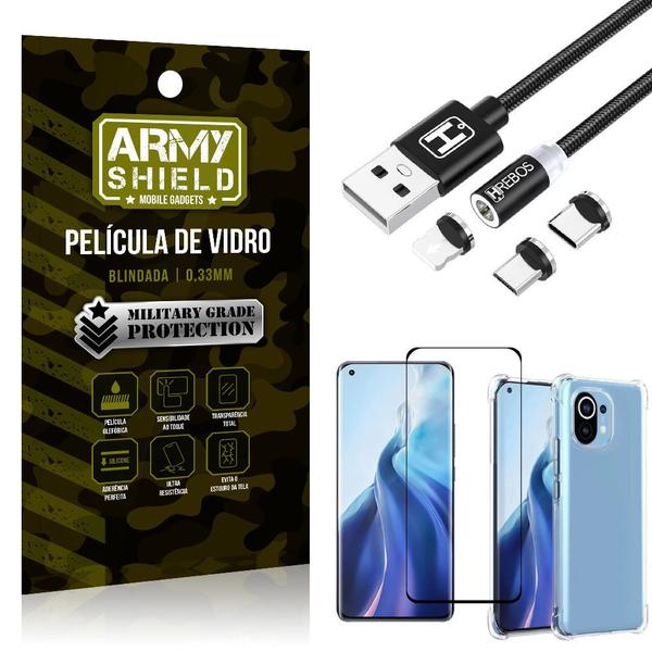 Imagem de Kit Mi 11 Lite Cabo Magnético 2 Metros + Capinha + Película 3D - Armyshield