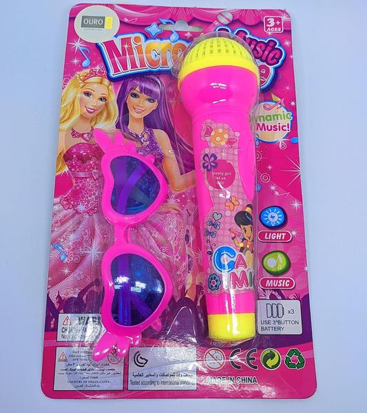 Imagem de Kit Microfone Infantil Feminino Brinquedo Musical com Luz e Som para Crianças Princesas + Óculos de Sol Coração Rosa