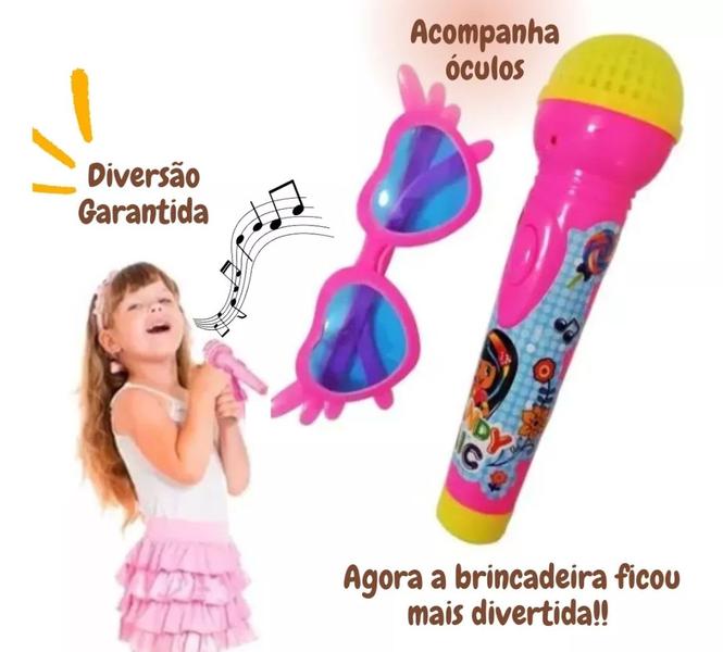 Imagem de Kit Microfone Infantil Feminino Musical com Luz e Som para Crianças Princesas + Óculos de Sol Coração Rosa