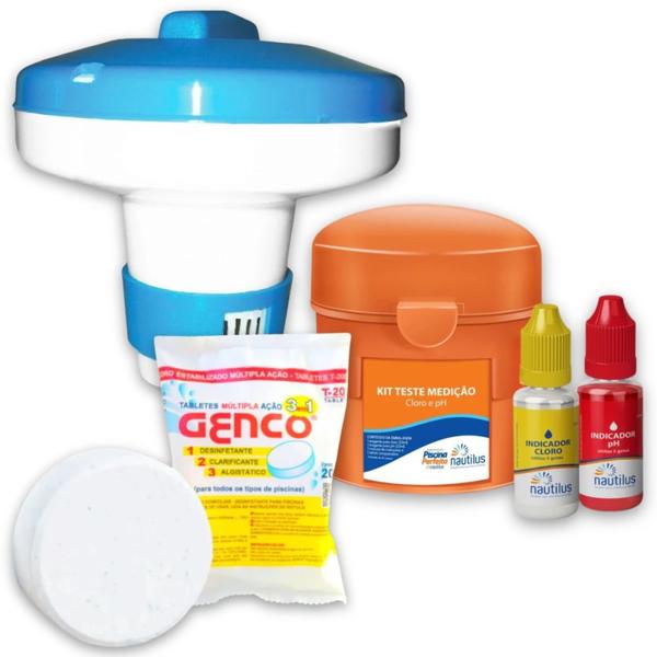 Imagem de Kit Mini Flutuador + 1 Pastilha de Cloro 200g + Prova de Ph e Cloro