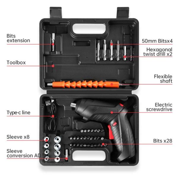 Imagem de Kit Mini Parafusadeira Elétrica + 3 Escova de limpeza Pesada Maleta 45 Peças Chave de Fenda Philips