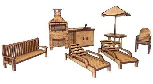 Imagem de Kit Miniatura Área de Piscina com 6 Peças Mdf Churrasqueira