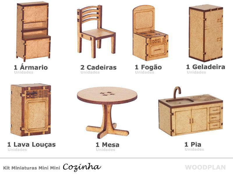 Imagem de Kit Miniatura Cozinha 8 Peças Geladeira Fogão Mesa Pia Mdf