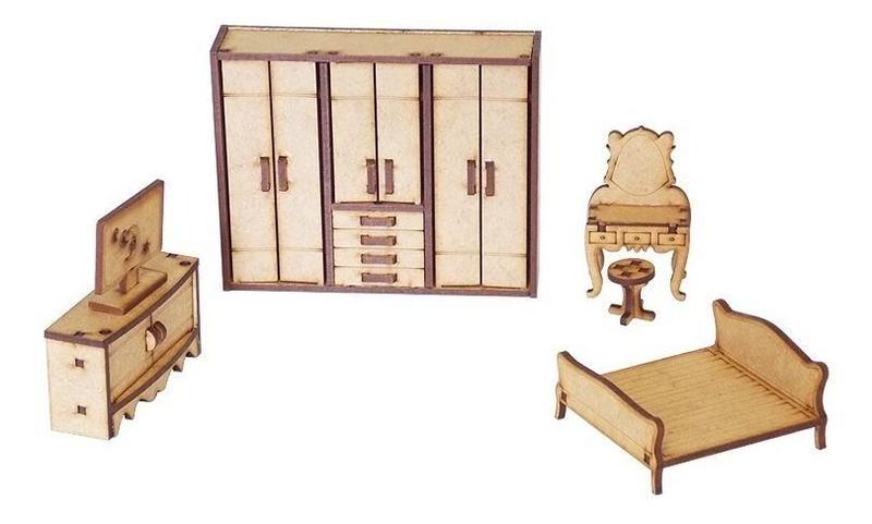 Imagem de Kit Miniatura Quarto Casal Com 5 Peças Cama Guarda Roupa Mdf