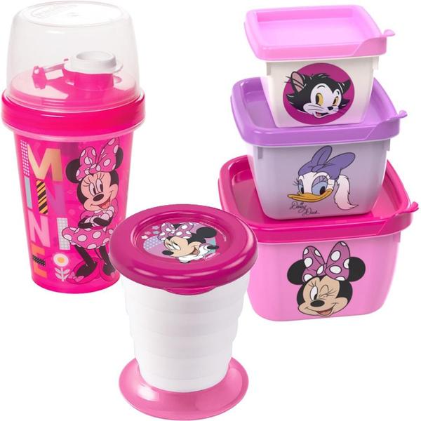 Imagem de Kit Minnie Rosa Porta Lanche Escolar Infantil Garrafa Potes