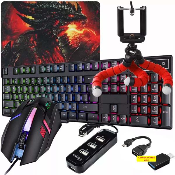 Imagem de Kit Mobilador Gamer Led Teclado Rgb + Mouse 1600dpi + Pad Speed Estampado e Tripé