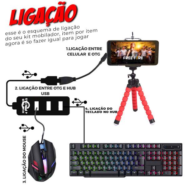 Imagem de Kit Mobilador Para Celular Gamer Com Tripé Mouse Teclado Led Completo Para Ff/Pubg