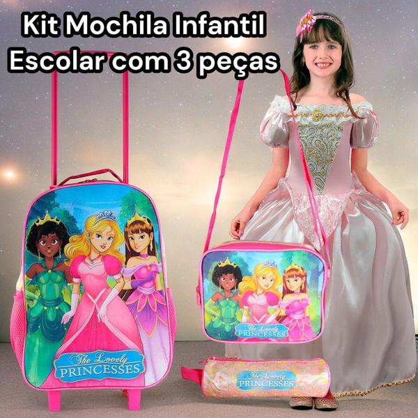 Imagem de Kit Mochila Bolsa Infantil Escolar com 3 peças Menino Menina Aranha Carros Princesas