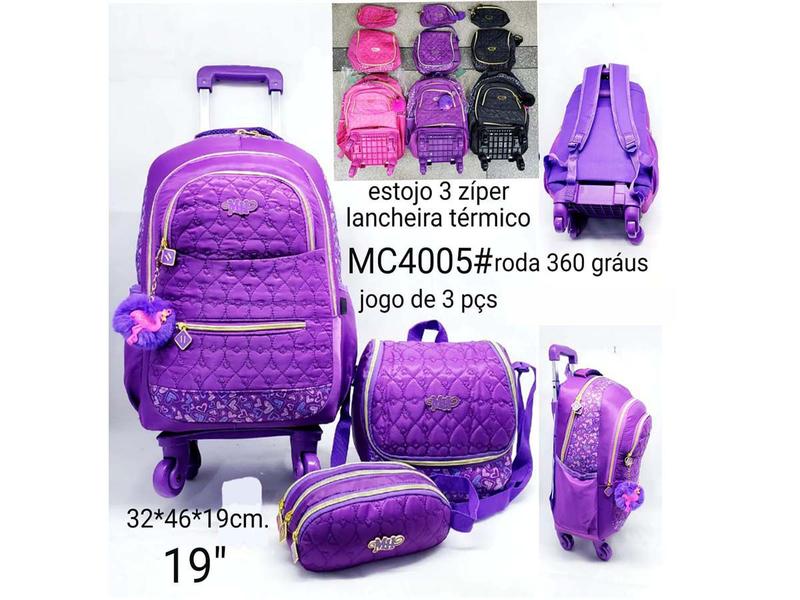 Imagem de Kit Mochila Carrinho 360 + Lanch Térm + Estojo Escolar Triplo MC4005